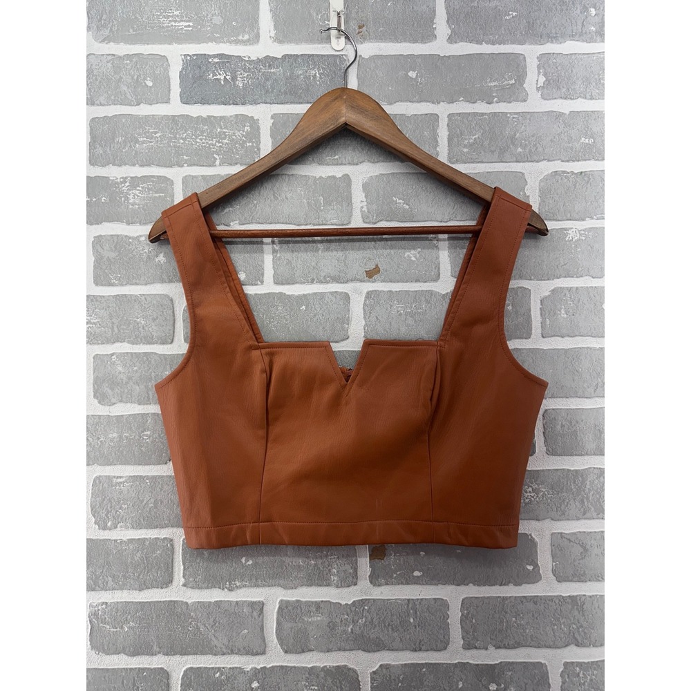Maeve Anthropologie Faux Leather Notched Crop Top Cognac Brown Size 6